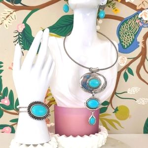 Southwestern Boho Faux Turquoise Necklace, Earrings and Bracelet Set